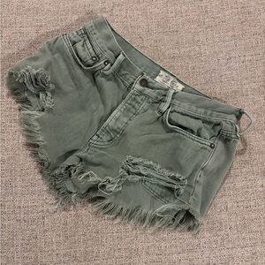 Free People Green Distressed Denim Shorts – Mid Rise – Raw Hem